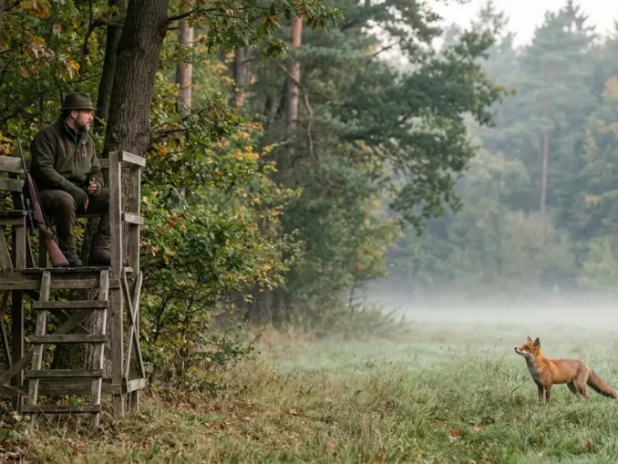 Jäger lockt einen Fuchs mit einer Mauspfeife vom Hochsitz aus.