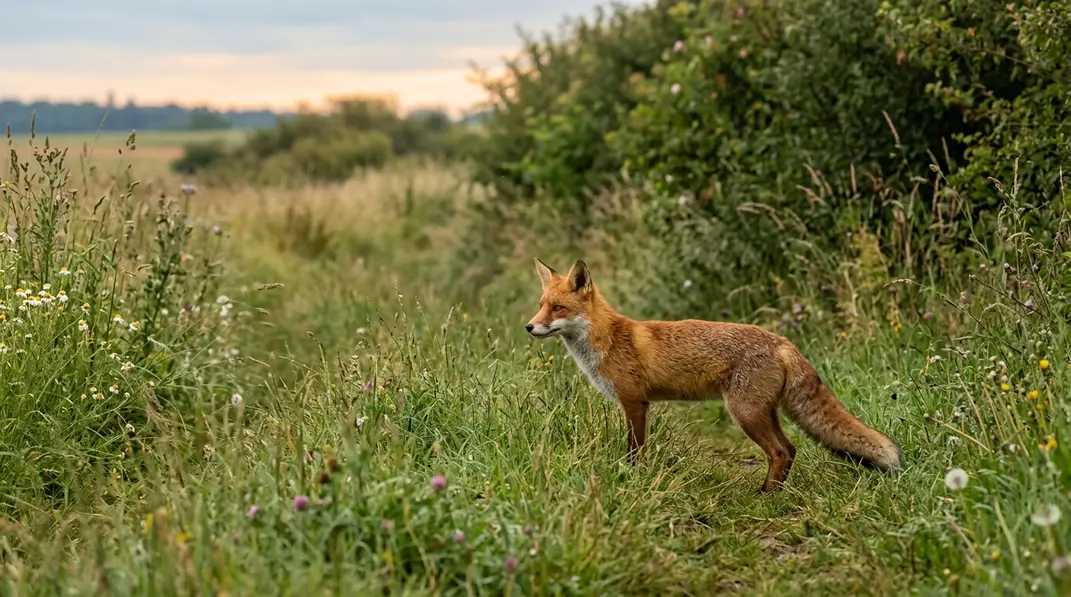 Rotfuchs am Rand einer blütenreichen Wiese vor einer Feldhecke.