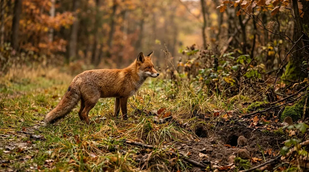 Rotfuchs am Rand einer Wiese mit Erde, Gras und Mäuselöchern im Vordergrund.