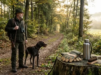 Jäger und Jagdhund auf einem Waldweg; saubere Handschuhe und eine Bürste stehen für das Fuchsbandwurm-Risiko und sorgfältige Revierhygiene.