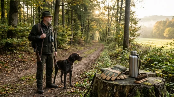 Jäger und Jagdhund auf einem Waldweg; saubere Handschuhe und eine Bürste stehen für das Fuchsbandwurm-Risiko und sorgfältige Revierhygiene.