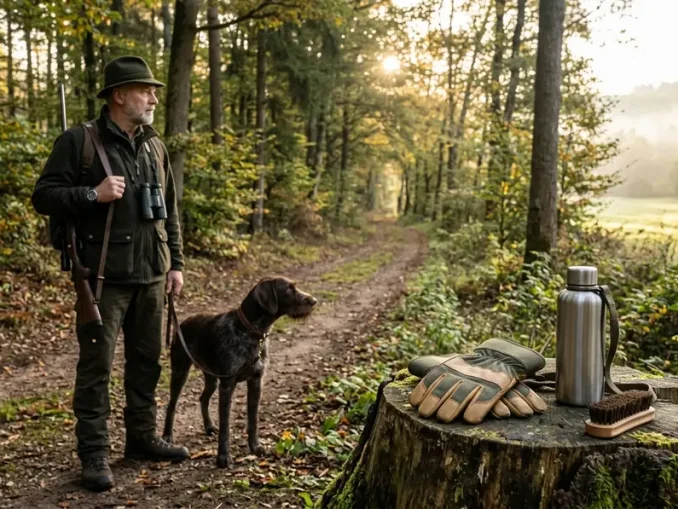Jäger und Jagdhund auf einem Waldweg; saubere Handschuhe und eine Bürste stehen für das Fuchsbandwurm-Risiko und sorgfältige Revierhygiene.