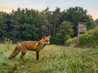 Rotfuchs auf einer Wiese am Waldrand als Motiv für Fuchsbejagung Methoden.