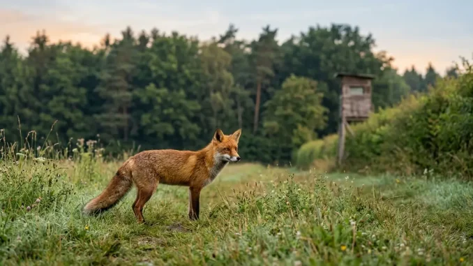 Rotfuchs auf einer Wiese am Waldrand als Motiv für Fuchsbejagung Methoden.