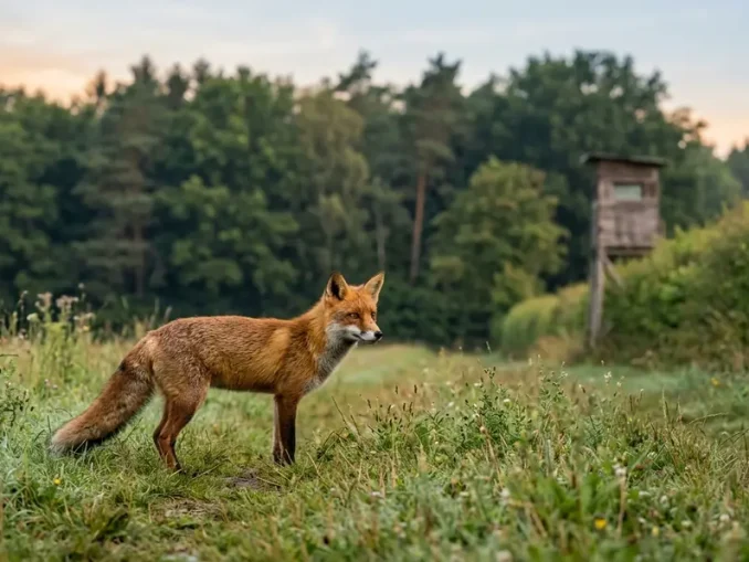 Rotfuchs auf einer Wiese am Waldrand als Motiv für Fuchsbejagung Methoden.