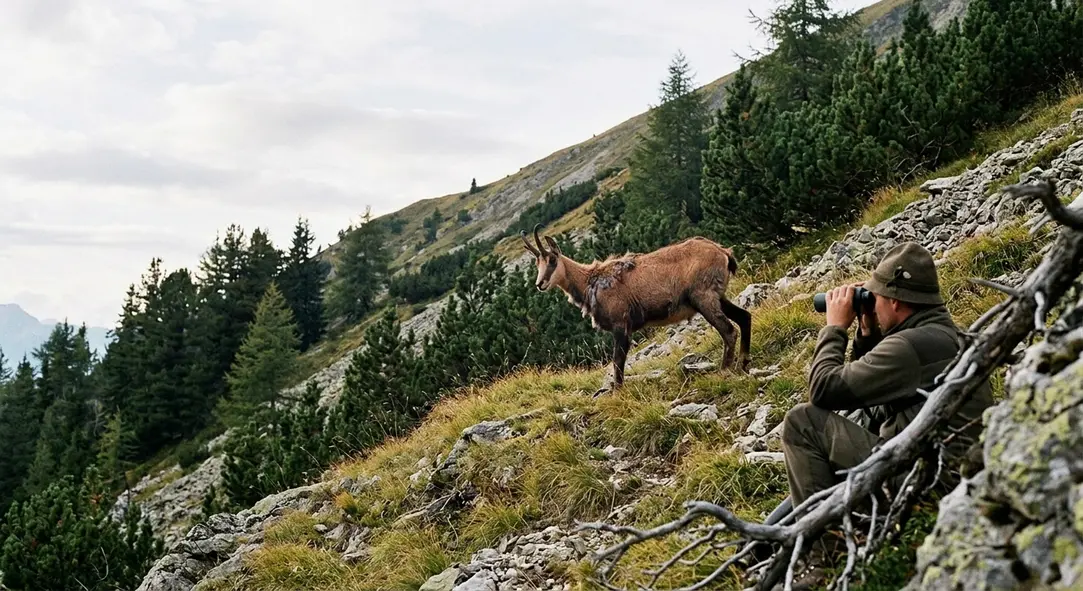 Jäger beobachtet eine Gams mit struppigem Fell aus sicherer Entfernung am Berghang.
