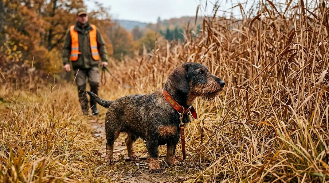 Ein geprüfter Stöberhund steht aufmerksam in trockenem Schilf vor seinem Hundeführer.
