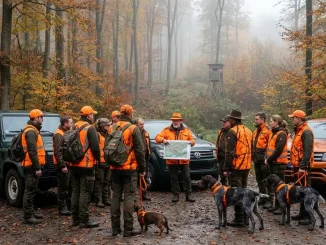 Jagdleitung erläutert den Ablauf einer Gesellschaftsjagd vor dem Einsatz im herbstlichen Wald.