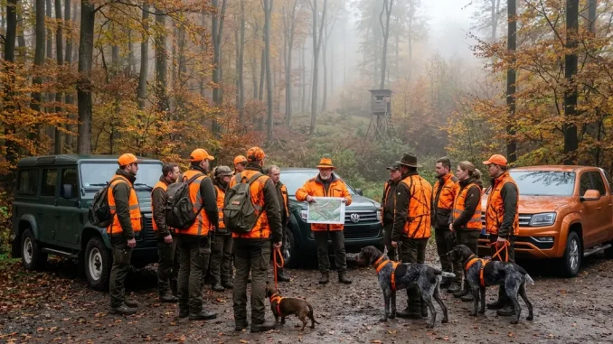 Jagdleitung erläutert den Ablauf einer Gesellschaftsjagd vor dem Einsatz im herbstlichen Wald.