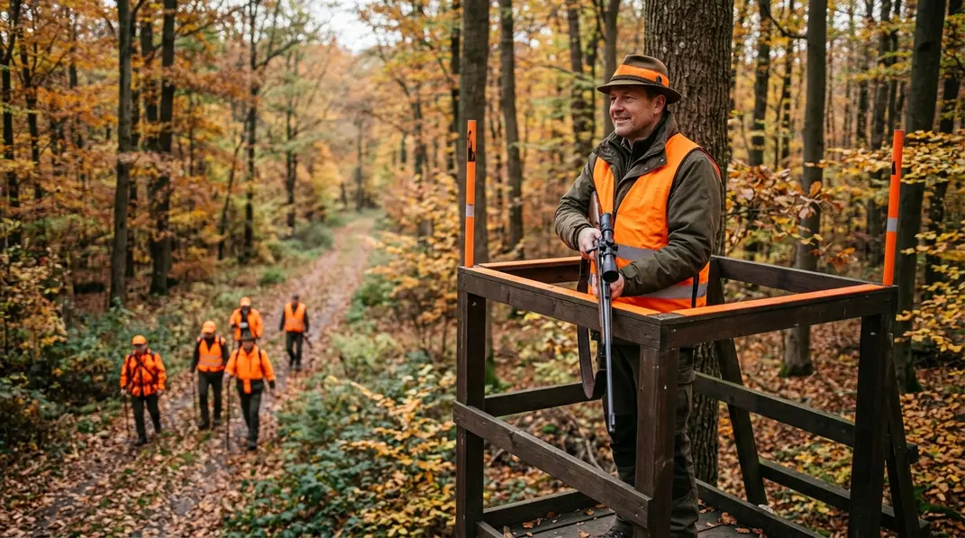 Jäger in Warnweste auf einem Hochsitz während einer sicher organisierten Gesellschaftsjagd.