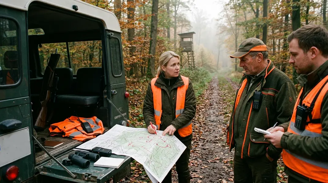Jagdleitung plant den Ablauf einer Gesellschaftsjagd anhand einer Revierkarte am Geländewagen.