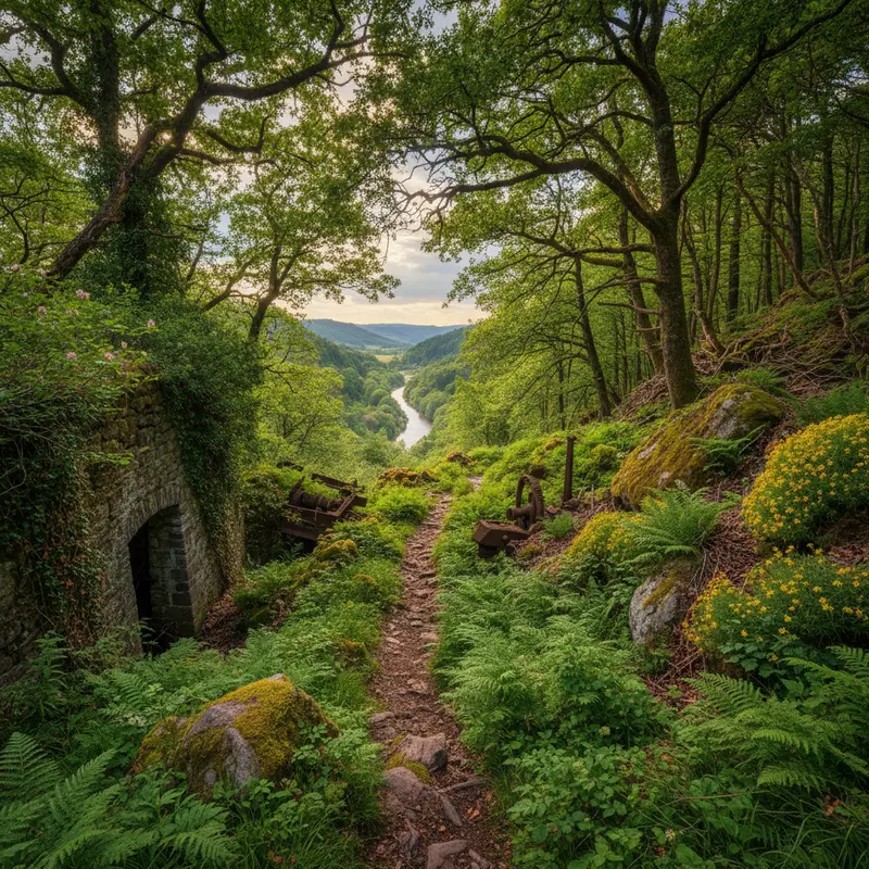 Bachlauf der Göhl zwischen bewaldeten Hängen im Galmeigebiet.