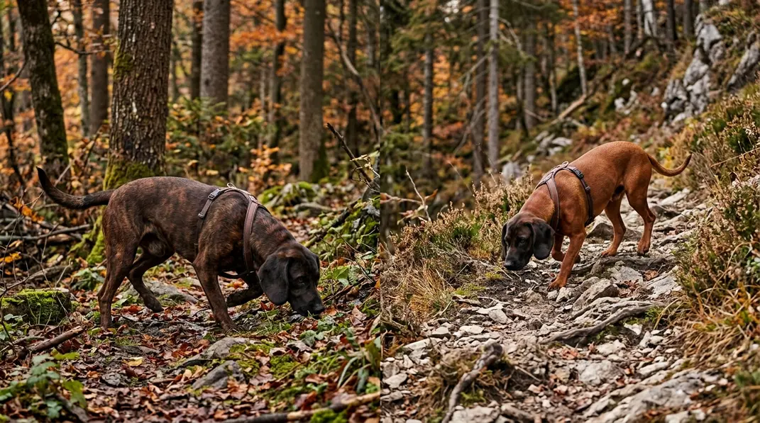 Hannoverscher Schweißhund und Bayerischer Gebirgsschweißhund verfolgen konzentriert eine Fährte im Wald und Gebirge.