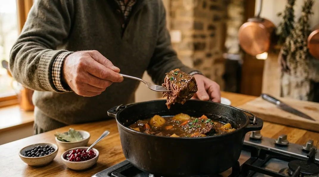Eine Person prüft mit einer Gabel die Zartheit eines Stücks Hirschgulasch im Schmortopf.