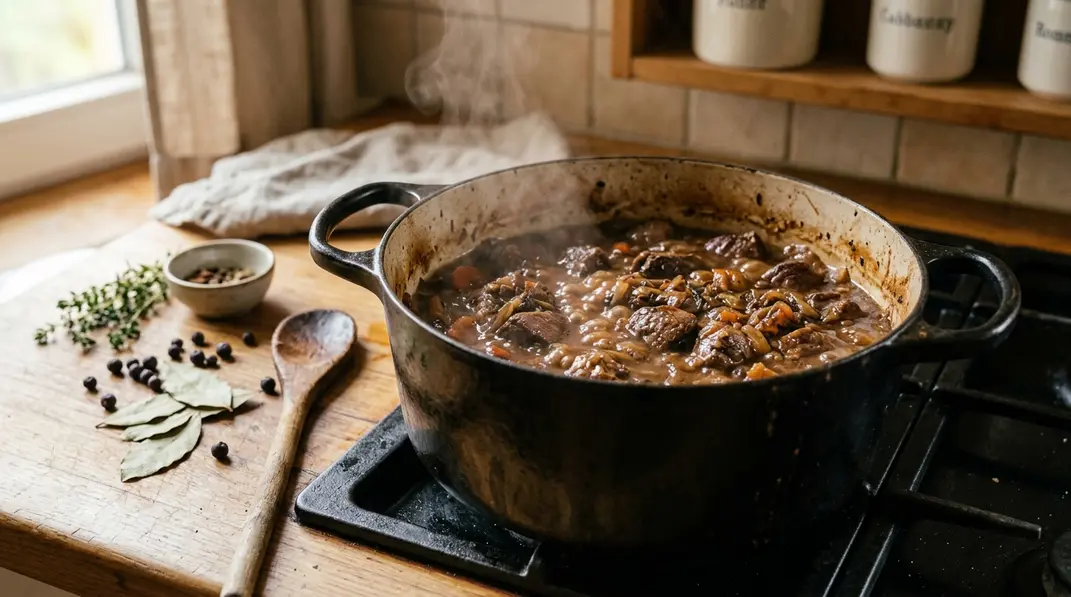 Hirschgulasch schmort sanft in einem gusseisernen Topf mit aromatischer Sauce.