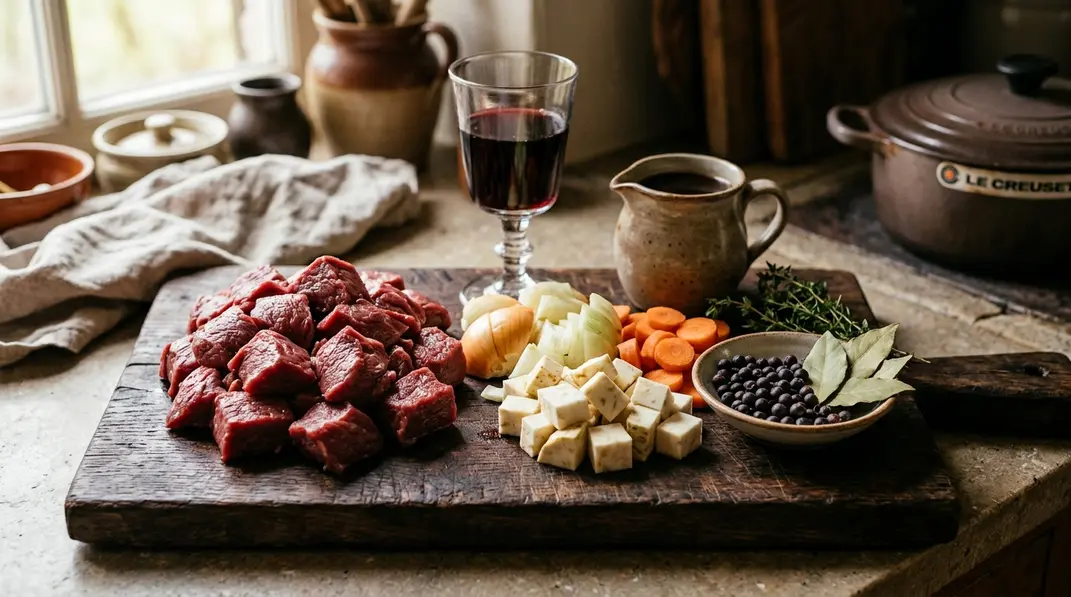 Parierte Hirschfleischwürfel mit Zwiebeln, Wurzelgemüse, Wacholder und Lorbeer auf einem Holzbrett.