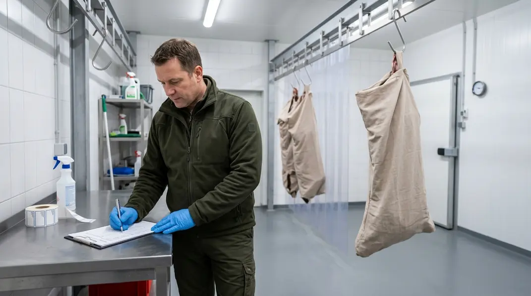 Jäger dokumentiert einen auffälligen Befund im sauberen Wildkühlraum.