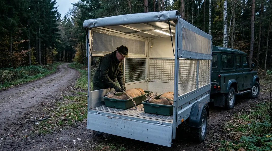 Sauberer Anhänger für den Transport erlegten Wildes mit zwei getrennt gelagerten Rehen.
