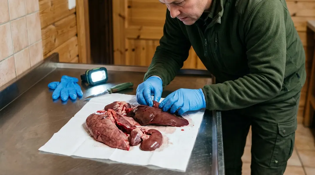 Behandschuhte Hände prüfen Organe eines erlegten Rehs bei der Wildbretbeurteilung.