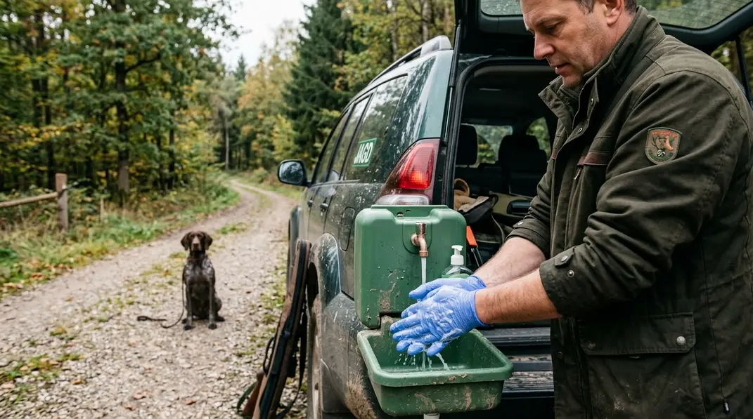Jäger wäscht nach der Revierarbeit seine Hände, während ein Jagdhund daneben sitzt.