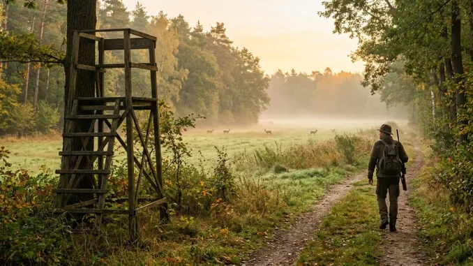 Jagdarten im Überblick: Jäger, Hochsitz und Rehwild in einer nebligen Waldlandschaft.
