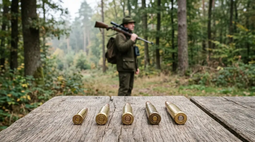 Verschiedene Jagdpatronen auf einem Holztisch im Wald als Überblick über Kaliber für Rehwild und Hochwild.