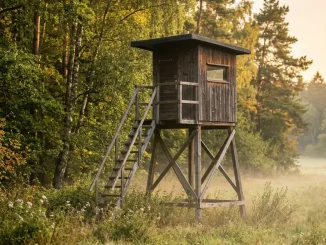 Sicher gebaute Jagdkanzel aus Holz mit Leiter, Dachüberstand und Diagonalstreben am Waldrand.