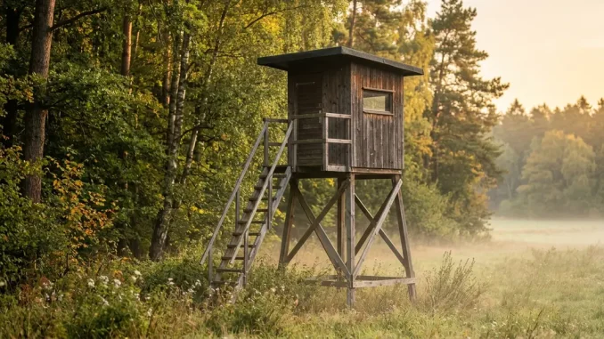 Sicher gebaute Jagdkanzel aus Holz mit Leiter, Dachüberstand und Diagonalstreben am Waldrand.