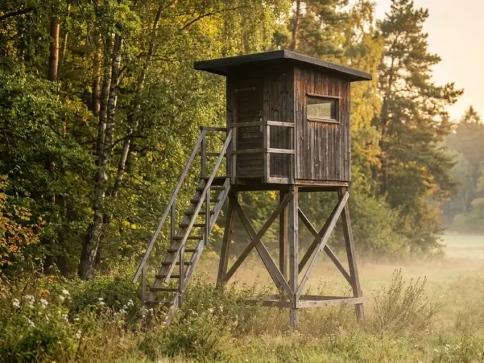 Sicher gebaute Jagdkanzel aus Holz mit Leiter, Dachüberstand und Diagonalstreben am Waldrand.