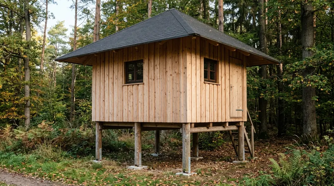 Geschlossene Jagdkanzel aus Holz mit überstehendem Dach und trocken geschützten Stützen am Waldrand.