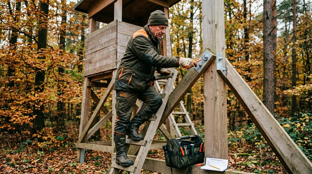 Jäger kontrolliert die Schraubverbindung und Diagonalstrebe einer Jagdkanzel.