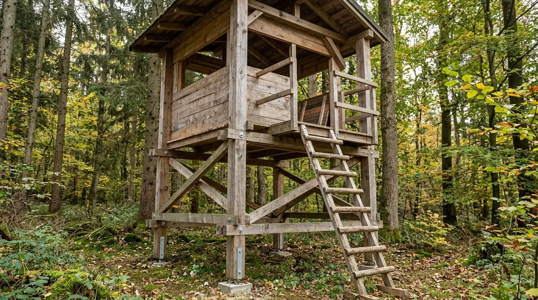 Holztragwerk einer Jagdkanzel mit kräftigen Ständern, Diagonalstreben und gesicherter Leiter.