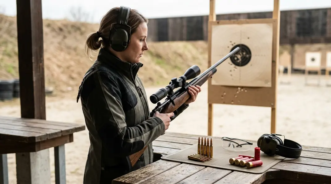 Jägerin kontrolliert auf dem Schießstand Kugel- und Schrotmunition neben einer geöffneten Büchse.