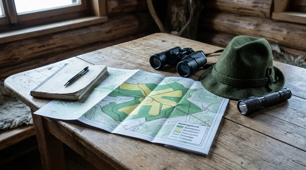 Revierkarte, Fernglas und Notizbuch zur Planung eines Ansitzes am Maisfeld.