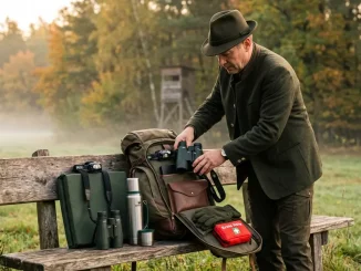 Jäger beim Jagdrucksack-Packen auf einer Ansitzbank mit Fernglas, Sitzkissen, Thermoskanne und Sicherheitsausrüstung.