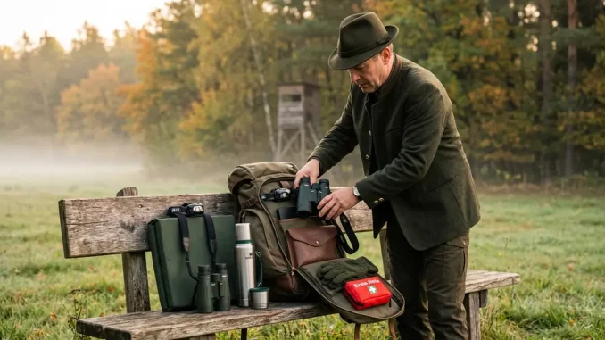 Jäger beim Jagdrucksack-Packen auf einer Ansitzbank mit Fernglas, Sitzkissen, Thermoskanne und Sicherheitsausrüstung.