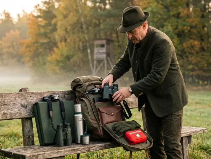 Jäger beim Jagdrucksack-Packen auf einer Ansitzbank mit Fernglas, Sitzkissen, Thermoskanne und Sicherheitsausrüstung.