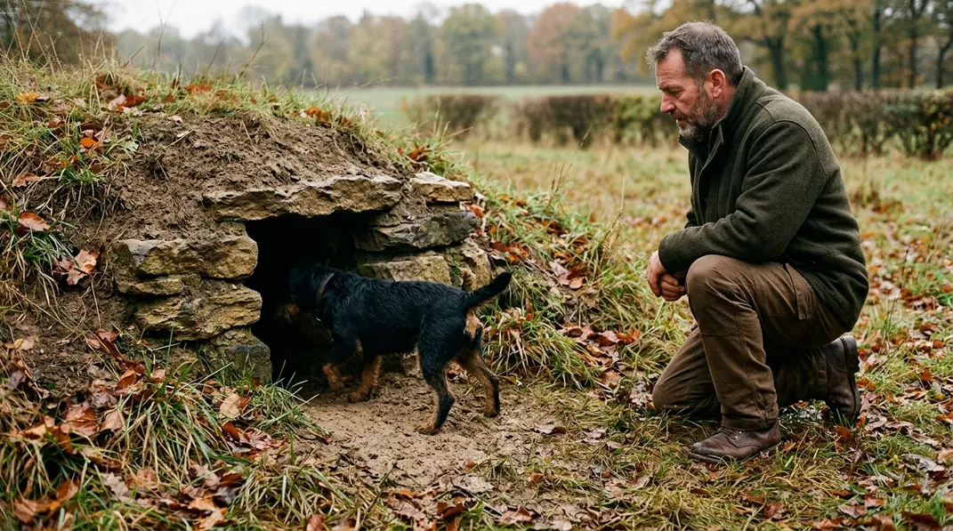Jagdterrier schlüpft bei der Erdhunde-Jagd in einen künstlichen Bau.