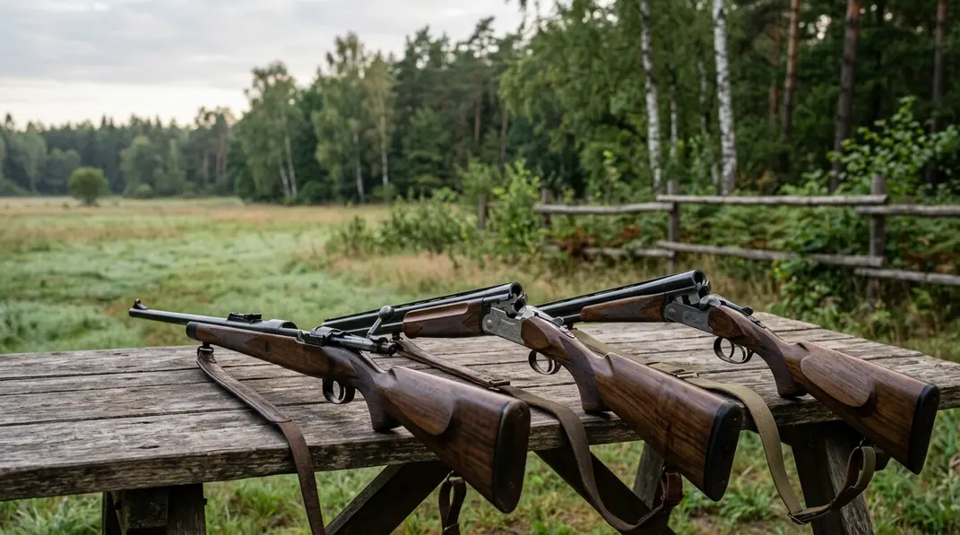 Entladene Büchse, Flinte und kombinierte Waffe auf einem Holztisch als Vergleich der Bauarten.