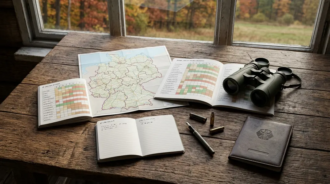 Jagdkarte und Jagdzeitentabellen zeigen regionale Fristen für Rehwild.