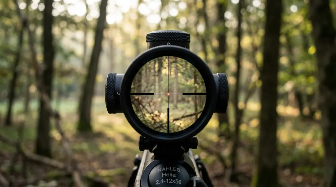 Blick durch ein Jagd-Zielfernrohr mit feinem Absehen Nr. 4a und Leuchtpunkt vor einer Waldlichtung.