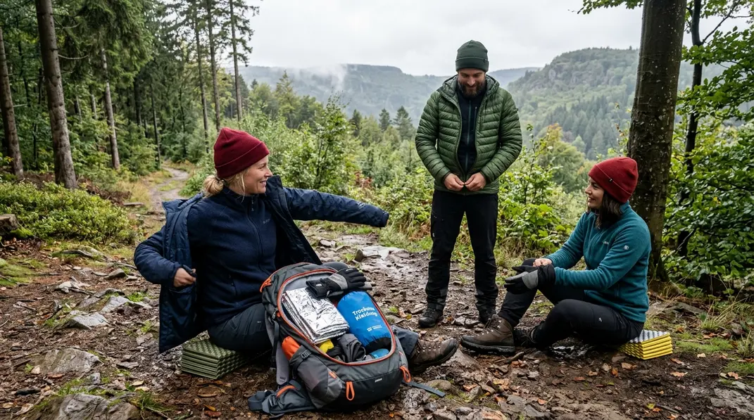 Wandernde ziehen an einem windgeschützten Waldrand trockene Kleidung an und bereiten eine isolierte Pause vor.