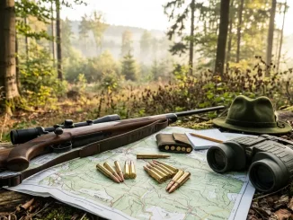Jagdkarte, Fernglas, Büchse und verschiedene Patronen als Vorbereitung zur Wahl eines Kalibers für Rehwild.