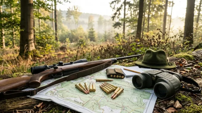 Jagdkarte, Fernglas, Büchse und verschiedene Patronen als Vorbereitung zur Wahl eines Kalibers für Rehwild.