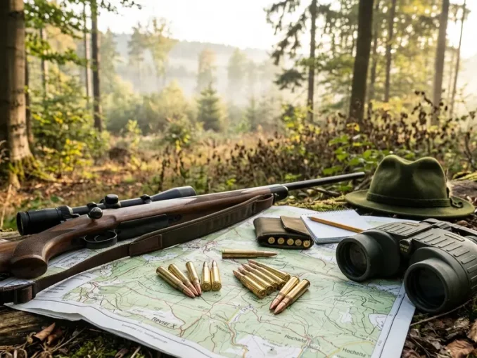 Jagdkarte, Fernglas, Büchse und verschiedene Patronen als Vorbereitung zur Wahl eines Kalibers für Rehwild.
