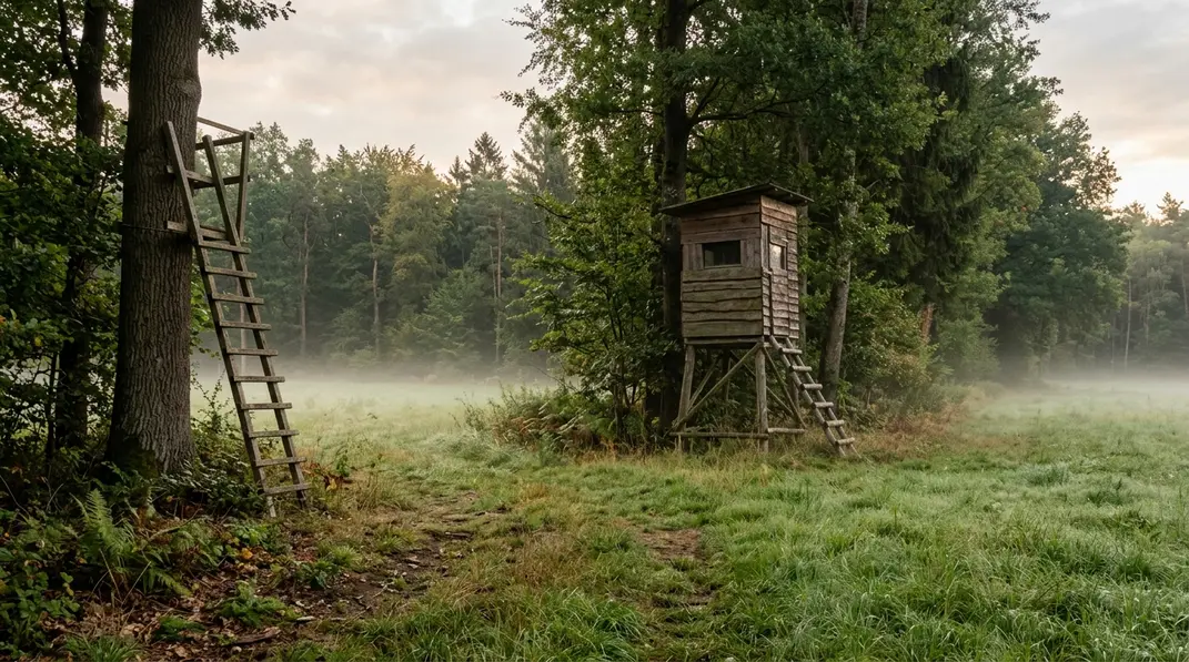 Geschlossene Kanzel und Ansitzleiter am Rand einer Waldwiese.