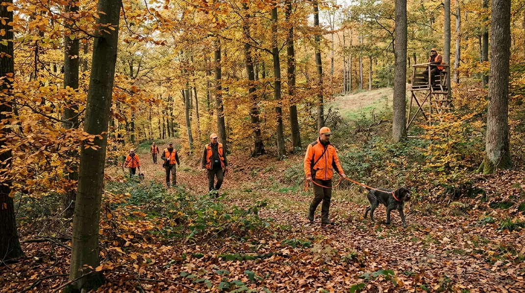 Treiber und Hundeführer bewegen sich während einer Drückjagd abgestimmt durch einen herbstlichen Wald.