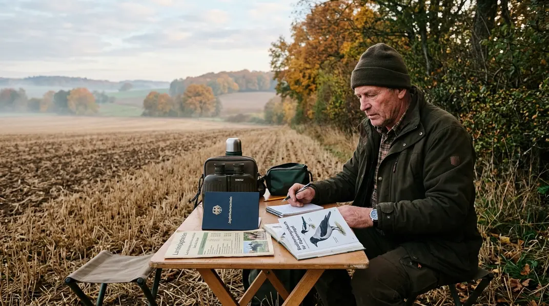 Jäger prüft Jagdunterlagen und ein Bestimmungsbuch für Rabenvögel am Feldrand.