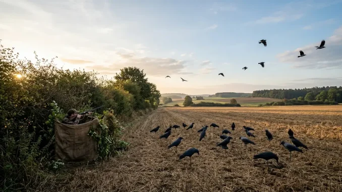 Tarnschirm und Lockbild für die Krähenjagd Lockjagd auf einem Stoppelacker.