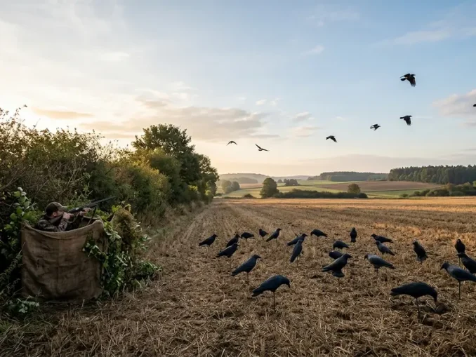 Tarnschirm und Lockbild für die Krähenjagd Lockjagd auf einem Stoppelacker.